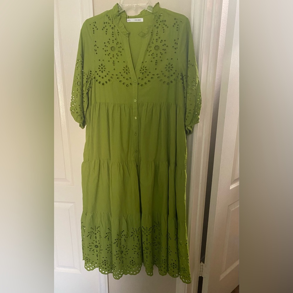Elegant Olive Midi Dress with Eyelet Details